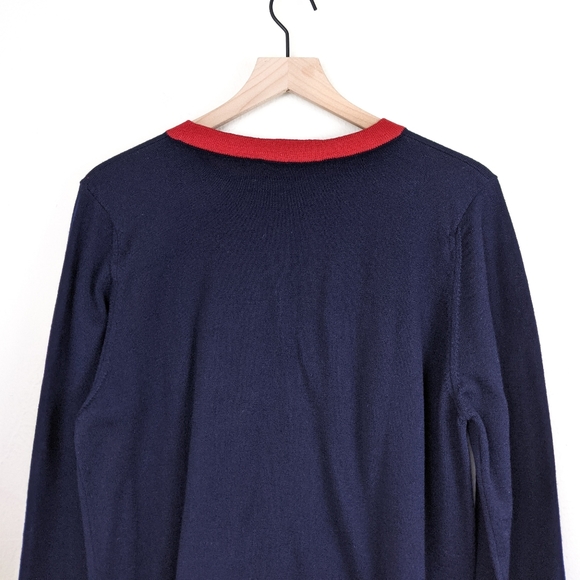 Vintage Jaeger Navy Blue W/ Red Trim Wool Sweater - Picture 7 of 11
